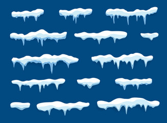 Snow caps, drifts winter. Frozen icicle, snowballs on roof. Frozen snow effect in flat style. Christmas snowy decoration cartoon. Frost, snowcap top. Ice cap frame on isolated background. vector © RIMM_art