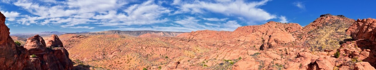 Red Cliffs National Conservation Area Wilderness and Snow Canyon State Park from the  Elephant Arch and bone wash Trail by St George, Utah in desert reserve. United States. USA.