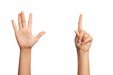lady hand on white background shows six sign
