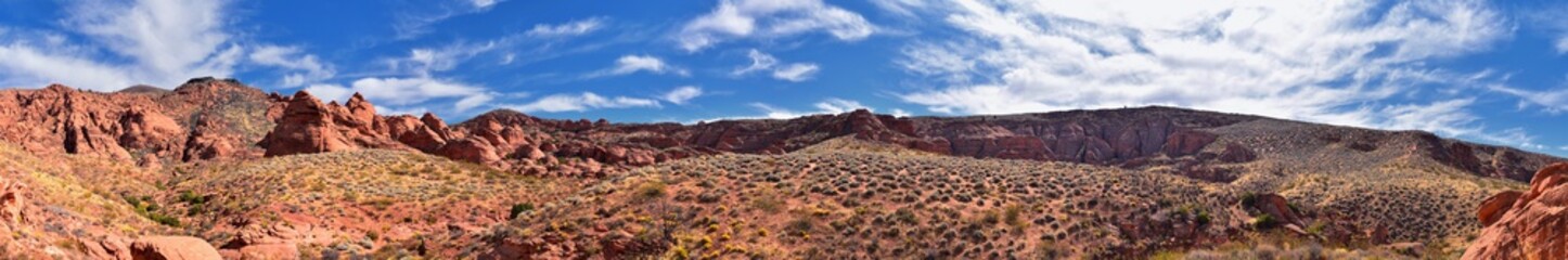 Red Cliffs National Conservation Area Wilderness and Snow Canyon State Park from the  Elephant Arch and bone wash Trail by St George, Utah in desert reserve. United States. USA.