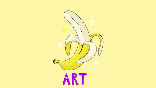 Bright cartoon animation of  appearing banana and art text. Minimal motion art. 