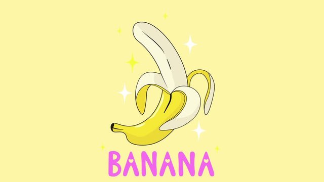 Bright cartoon animation of  appearing banana and banana text. Minimal motion art. 