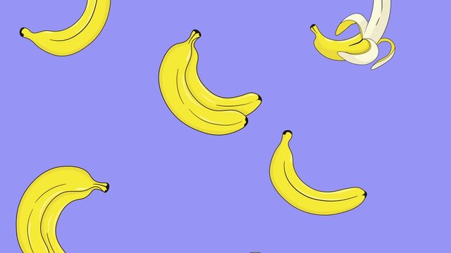 Bright cartoon animation of  falling bananas. Minimal motion art. Bananas background. 