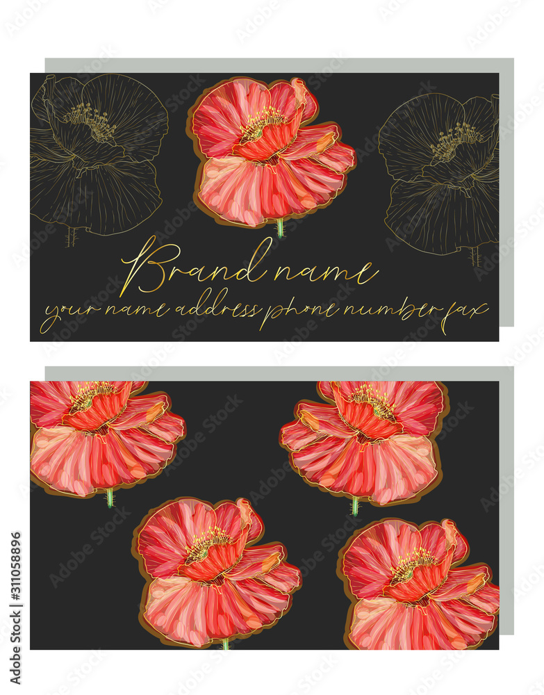 Wall mural business card for a beauty salon with watercolor poppies, stylish business design