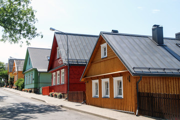 The old colorful traditional wooden houses in Lithuania in Trakai.  