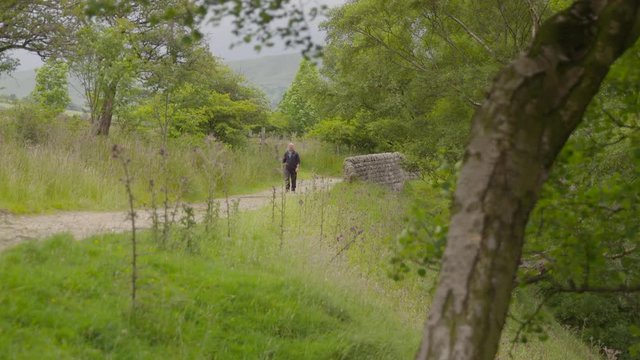 A handheld wide shot of a man walking down a country lane on a windy cloudy day