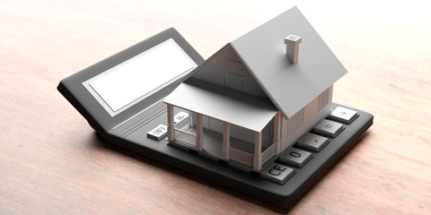 Obraz na płótnie Canvas House model on a calculator, wood office desk background. 3d illustration