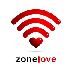 Wifi sign with a red heart and the inscription ZONE LOVE on a white background, isolated object. Vector illustration