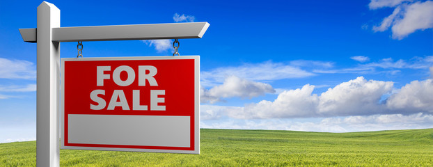 Land for sale wooden placard in the countryside, green field landscape background, 3d illustration