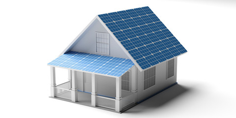 Solar panels on a house roof isolated against white background. 3d illustration