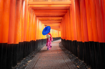 Red Torii gates with woman in kimono holding Blue umbrella at  Fushimi Inari,Japan.