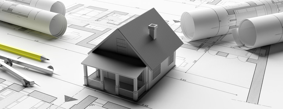 House model on blueprints background, engineer contractor office. 3d illustration