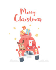 Santa Claus with reindeer driving car. Christmas greeting card, background, poster. Vector flat design.