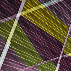 Digitally rendered image of perforated panels resembling architectural structure. Abstract modern architecture background in purple, yellow and green colors with angular geometric pattern.