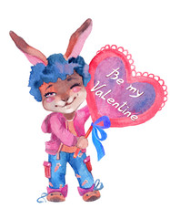 Cute watercolor rabbit illustration. Valentine's Day greeting card for couple. 