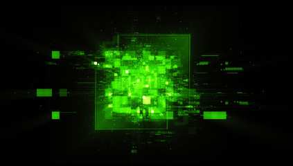 Abstract dark background. Bright box. Shine square. .Light geometry. Smart code. Energy effect. Big data. .Digital chip. Glare grid lines. Glow cubes. CPU core. .Hi Tech. Mobile innovation. SSD Board