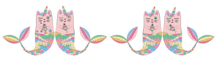 Cute cat unicorn, mermaid. Set of decorative elements, trendy patches, stickers.