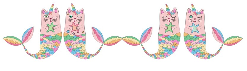 Cute cat unicorn, mermaid. Set of decorative elements, trendy patches, stickers.