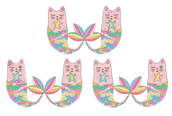 Set of cute cat mermaids isolated on white background. Doodle