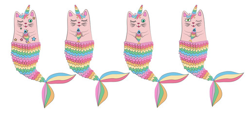 Obraz premium Cute cat unicorn, mermaid. Set of decorative elements, trendy patches, stickers.