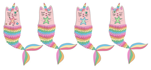 Cute cat unicorn, mermaid. Set of decorative elements, trendy patches, stickers.