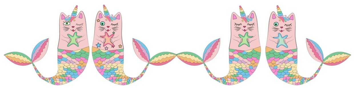 Cute cat unicorn, mermaid. Set of decorative elements, trendy patches, stickers.
