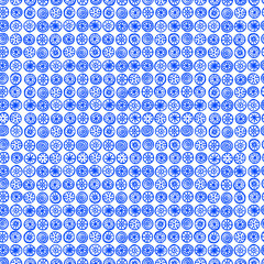 Seamless pattern with blue ornamental circles on white background.