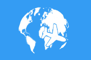 World map and plane shaped clouds on blue sky