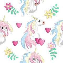 Seamless pattern with trendy cartoon patches. Unicorns, rainbows and hearts.
