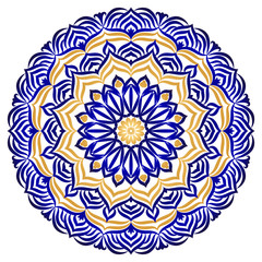 Mandala. Color blue with gold. Oriental and Asian decorative element. Template for tattoo, henna drawing. Psychedelic ornament. 