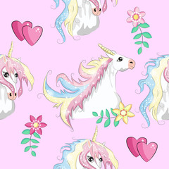 Seamless pattern with trendy cartoon patches. Unicorns, rainbows and hearts.