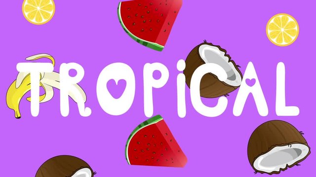 Bright cartoon animation of  falling bananas, coconuts, green leaves, watermelon and lemons. Fruits background. Minimal motion animation. Tropical text animation. 