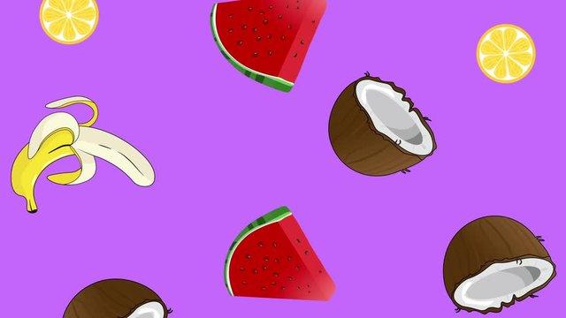 Bright cartoon animation of  falling bananas, coconuts, green leaves, watermelon and lemons. Fruits background. Minimal motion animation. 