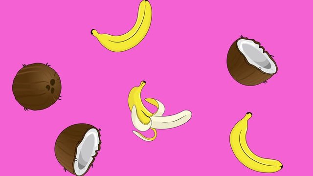 Bright cartoon animation of  falling bananas, coconuts. Fruits background. Minimal motion animation. 