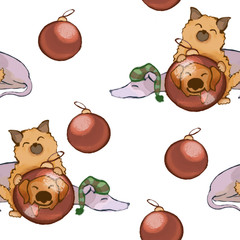 New Year's seamless pattern with dogs. Cute red spitz and Italian greyhound with a Christmas ball. cartoon - 311068401