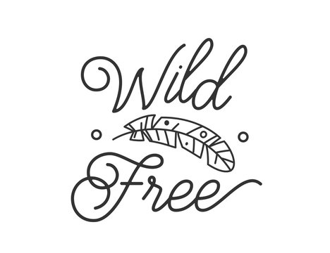 Wild and free print logo with feather and design element in simple flat boho line style. Vector illustration