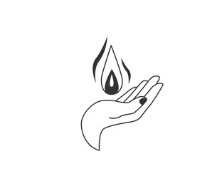 Hand hold a fire drop. Vector illustration in simple flat line style