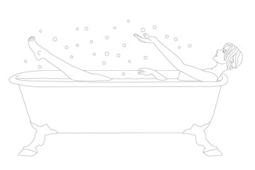 young sexual beautiful woman washing in bath and playing with bubbles monochrome vector illustration
