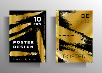 Set of poster templates, covers with golden brush strokes. Hand-drawn illustration on a black background. EPS 10 vector
