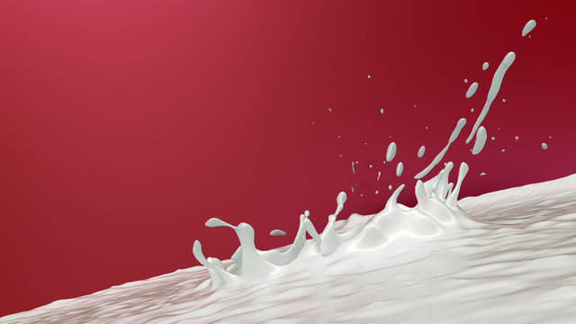 milk splashing red background straberry flavor drink liquid 3D illustration