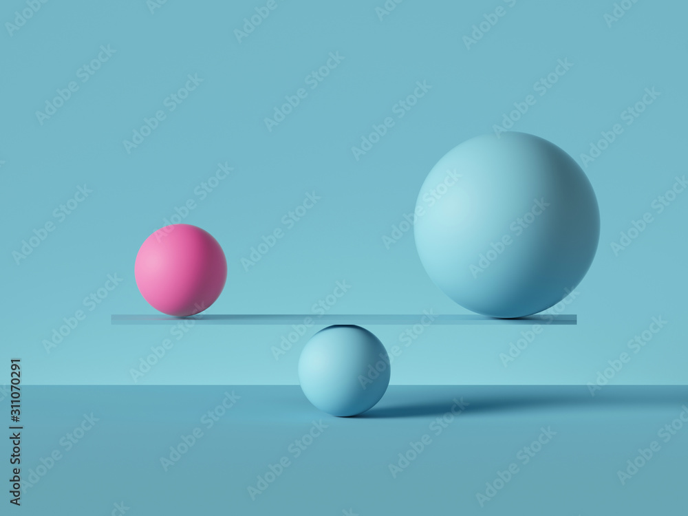 Poster 3d render, balancing balls placed on scales or weigher, isolated on blue background. primitive geome