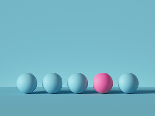 3d render, abstract primitive geometric shapes isolated on blue background. Pink ball, row of blue balls. Outstanding idea, one of a kind metaphor. Modern minimal design