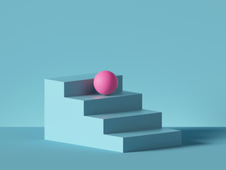 3d render, abstract minimal background. Pink ball placed on blue steps, isolated stairs. Blank pedestal, empty podium. Architectural element, primitive shape. Product showcase, shop display