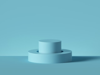 3d render, abstract minimal geometric background. Blue cylinder steps, blank pedestal, stairs, empty podium. Isolated object, primitive shapes. Product showcase, shop display