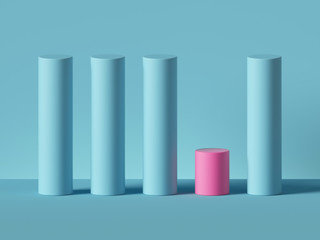 3d render, abstract minimal geometric background. Blue and pink cylinders. Isolated objects, primitive shapes. Profit chart. Business economy, low expenses concept, one of a kind, advantage metaphor.