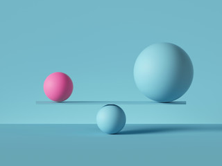 3d render, balancing balls placed on scales or weigher, isolated on blue background. Primitive geometric shapes. Balance metaphor. Modern minimal concept