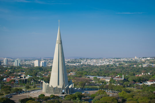 Aerial View of Maringa, Cathedral and downtown. Photo at beautiful day.