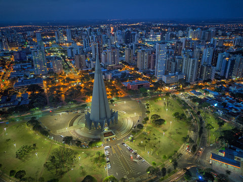Aerial View of Maringa, Cathedral and downtown. Several buildings. Paran&aacute;, Brazil.