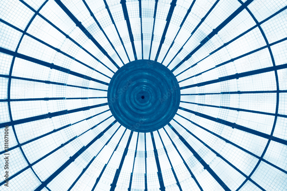 Poster digitally rendered image of architecture with concentric structure. realistic though unreal transpar