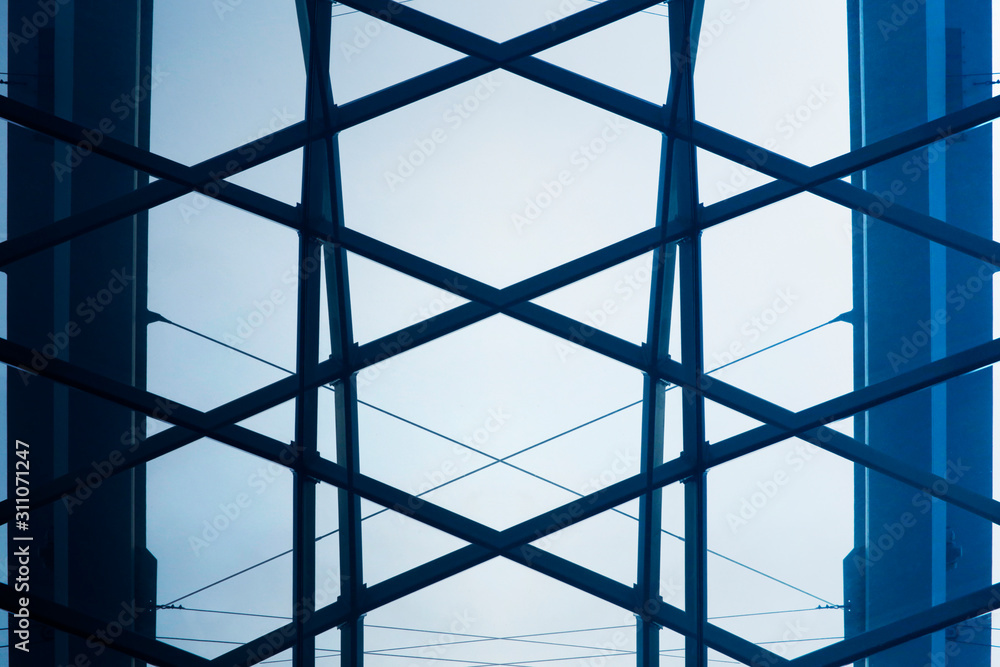 Poster close-up fragment of glass wall or roof panels. minimalist business building interior. abstract mode